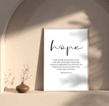 Load image into Gallery viewer, Faith Hope Love Bible Verse Wall Art Set of 3 Prints, Digital download, Downloadable, Scripture Quote Hebrews 11, Jeremiah 29, John 3 16, Living Room Christian Decor
