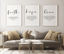 Load image into Gallery viewer, Faith Hope Love Bible Verse Wall Art Set of 3 Prints, Digital download, Downloadable, Scripture Quote Hebrews 11, Jeremiah 29, John 3 16, Living Room Christian Decor
