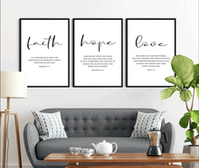 Load image into Gallery viewer, Faith Hope Love Bible Verse Wall Art Set of 3 Prints, Digital download, Downloadable, Scripture Quote Hebrews 11, Jeremiah 29, John 3 16, Living Room Christian Decor
