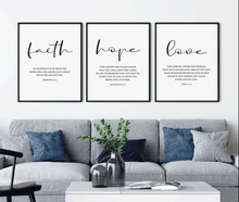 Load image into Gallery viewer, Faith Hope Love Bible Verse Wall Art Set of 3 Prints, Digital download, Downloadable, Scripture Quote Hebrews 11, Jeremiah 29, John 3 16, Living Room Christian Decor
