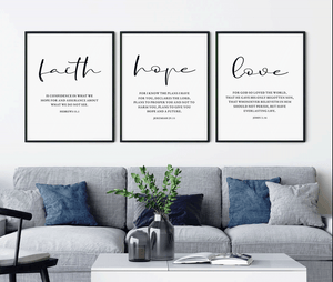 Faith Hope Love Bible Verse Wall Art Set of 3 Prints, Digital download, Downloadable, Scripture Quote Hebrews 11, Jeremiah 29, John 3 16, Living Room Christian Decor